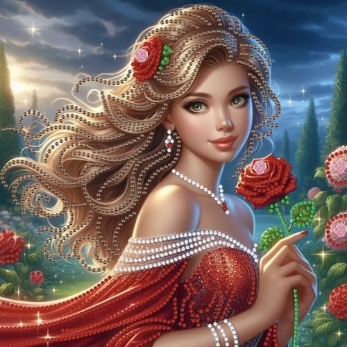Kit diamond painting partiel à réaliser soi-même, format 30x30 cm, jeune fille romantique à la rose rouge