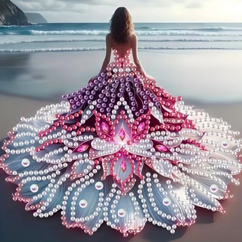 Kit diamond painting partiel à réaliser soi-même, format 20x20 cm, robe fleurie sur la plage