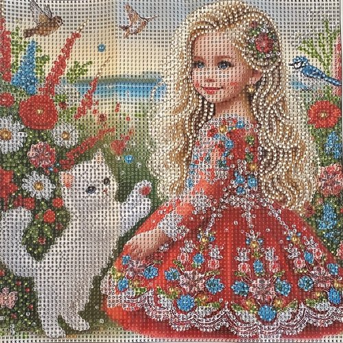 Kit diamond painting complet, petite fille et son chaton, 30x30 cm