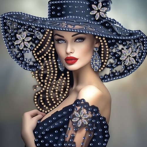 Kit diamond painting partiel à réaliser soi-même, format 20x20 cm, belle femme glamour au chapeau