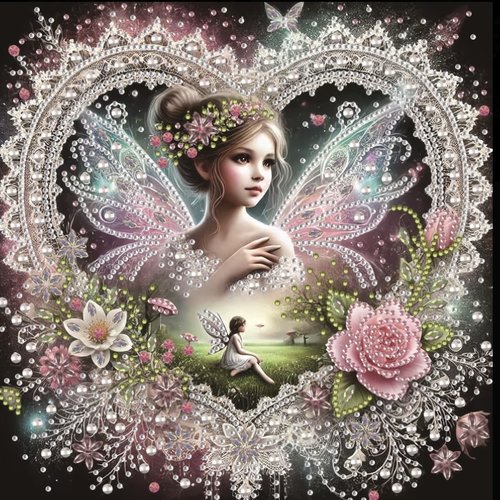 Kit diamond painting partiel, fée enchantée aux ailes de cristal dans un coeur dentelé, 30x30 cm