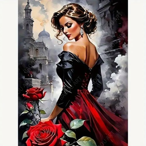 Kit diamond painting complet, femme elégante aux roses rouges, 30x40 cm
