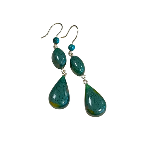 Boucles d'oreilles éclat de nature en résine verte, jaune doré et orange métallisée – finitions dorée – bijou fait main