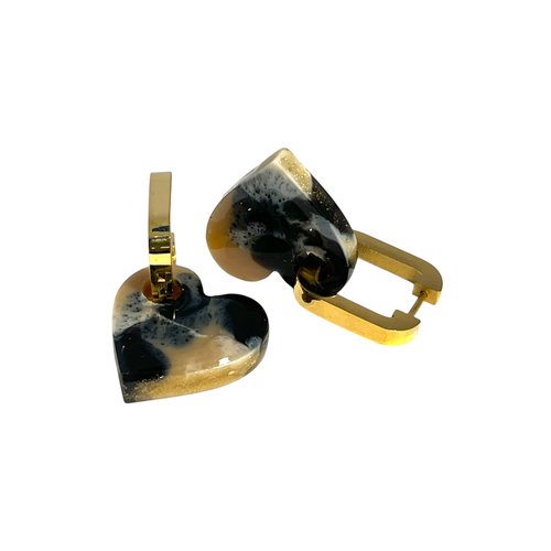 Boucles d’oreilles pampilles cœur marbré beige, marron et noir – créoles dorées carrées
