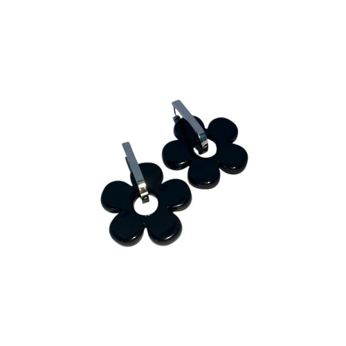 Boucles d’oreilles pampilles fleurs noires – créoles ovales argentées – bijou artisanal élégant et tendance