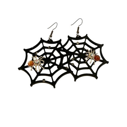 Boucles d’oreilles halloween toile d’araignée – araignée argentée et perle d’agate rose – bijou artisanal fait main