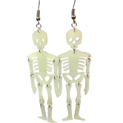 Boucles d’oreilles squelette phosphorescentes – bijou artisanal lumineux pour halloween