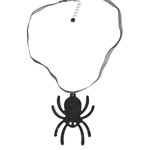 Collier halloween araignée noire pailletée – bijou artisanal en résine – ruban organza noir