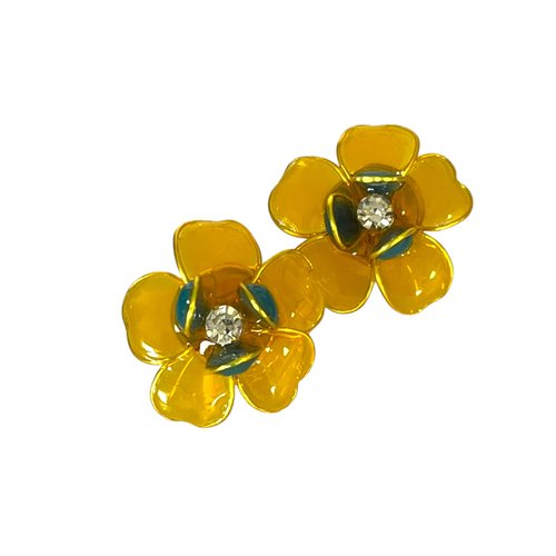 Boucles d’oreilles fleur bouton d’or et bleu – bijou artisanal lumineux – création faite main