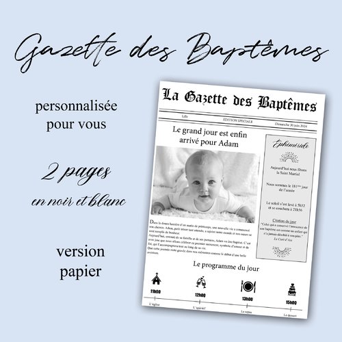 Gazette des baptêmes - imprimée - 50 exemplaires - journal de baptême - cadeau invité - baptême fille - baptême garçon