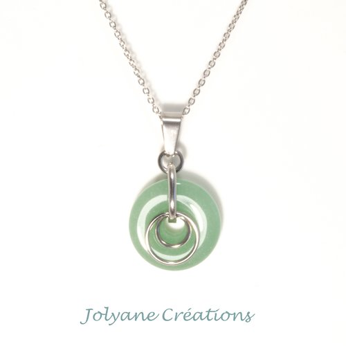Collier pendentif ras du cou en acier inox  avec donut en pierre de gemme naturelle aventurine verte