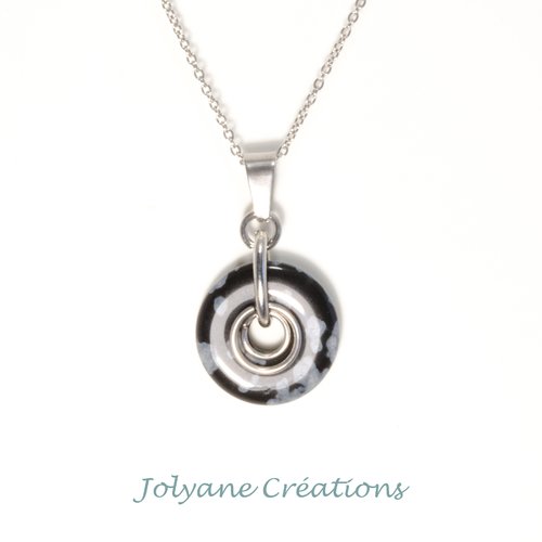 Collier pendentif en pierre de gemme naturelle obsidienne étoilée ou flocon de neige