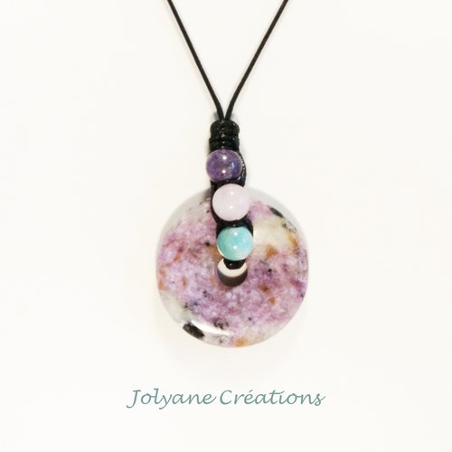 Collier sautoir disque pi et perles en pierre de gemme naturelle sugilite (adopté)