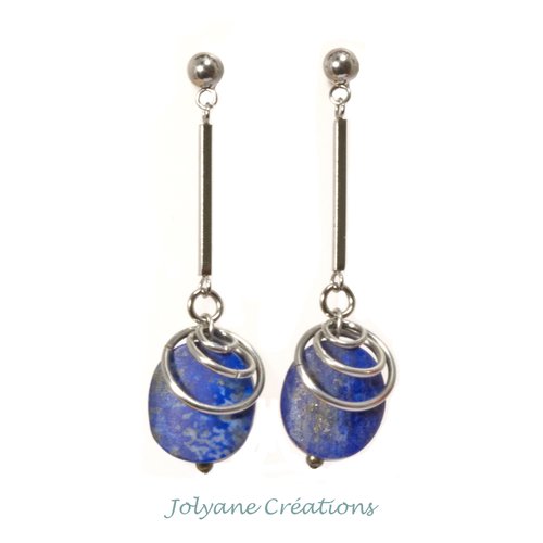 Boucles d'oreilles pendantes clous d'oreilles en pierre naturelle lapis-lazuli brut et acier inox
