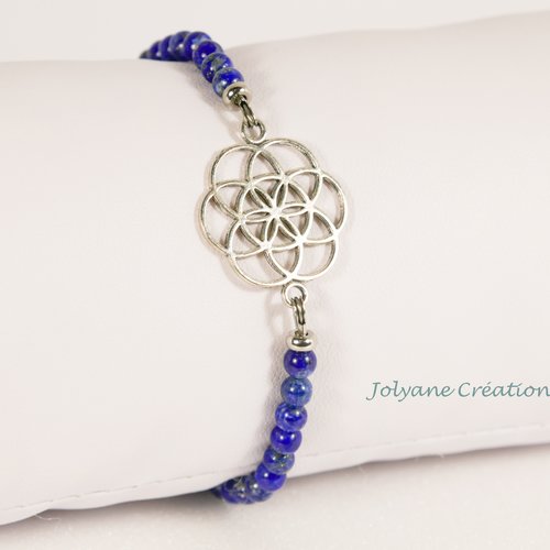Bracelet fin en pierre naturelle lapis-lazuli avec graine de vie en métal