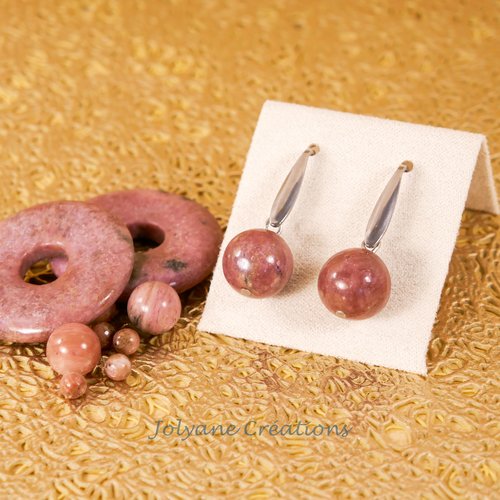 Boucles d'oreilles une perle en rhodonite et acier inox