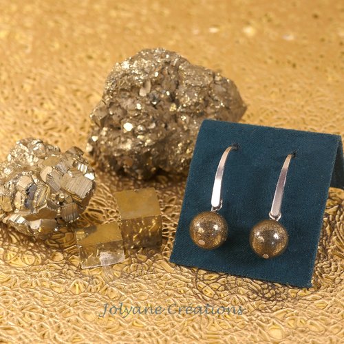 Boucles d'oreilles en pyrite pierre gemme naturelle et acier inox