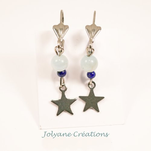 Boucles d'oreilles pendantes dormeuses avec une étoile et deux perles agate dentelle bleue et lapis-lazuli (adoptées)