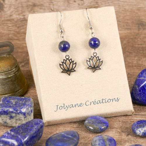 Boucles d'oreilles lapis-lazuli et breloque fleur de lotus en acier inox