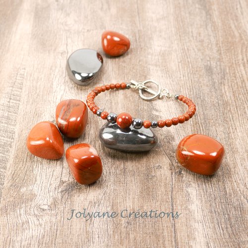 Bracelet en jaspe rouge et hématite pierres naturelles sur fil mémoire acier inox