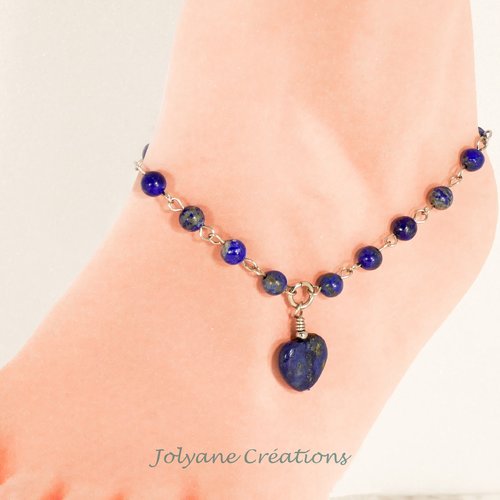 Bracelet de cheville en pierre naturelle lapis-lazuli et acier inox
