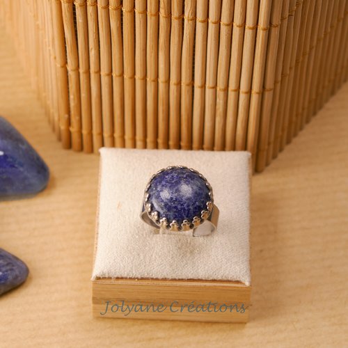 Bague cabochon en pierre gemme naturelle lapis-lazuli et acier inox