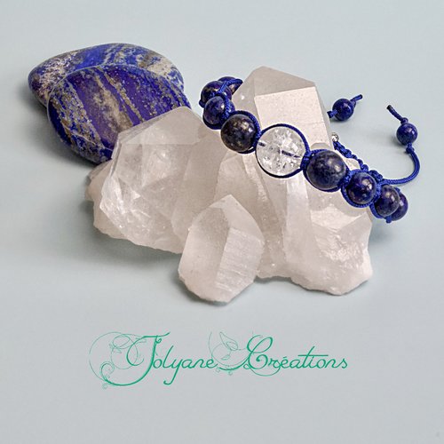 Bracelet macramé shamballa tibétain en lapis-lazuli et cristal de roche : "firmament étoilé"
