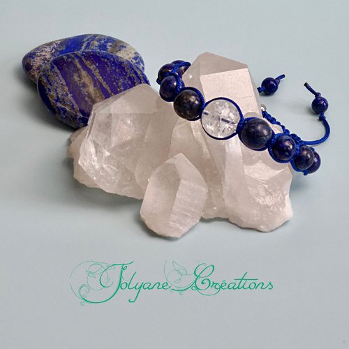 Bracelet macramé shamballa tibétain en lapis-lazuli et cristal de roche : "firmament étoilé"