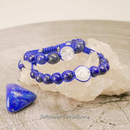 Bracelet macramé shamballa tibétain en lapis-lazuli et cristal de roche : "firmament étoilé"