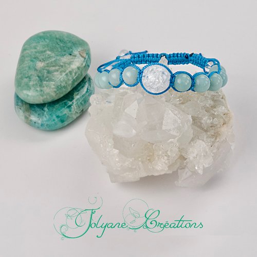 Bracelet macramé shamballa tibétain en amazonite et cristal de roche : « cocon velours »