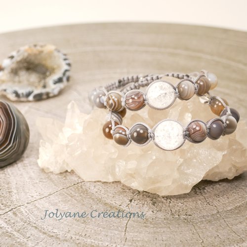 Bracelet shamballa tibétain macramé avec perles en agate du botswana et cristal de roche : « liberté dévoilée »