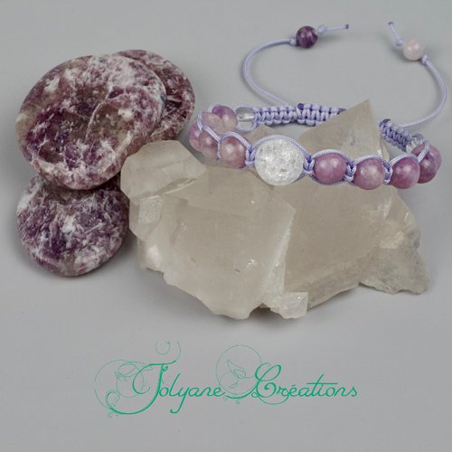 Bracelet shamballa tibétain macramé avec perles en lépidolite et cristal de roche : « sereine ascension »