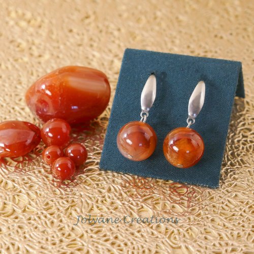 Boucles d'oreilles en pierre gemme cornaline naturelle et acier inox