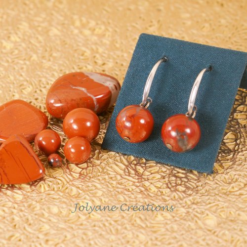 Boucles d'oreilles en pierre gemme jaspe rouge et crochets plaqué argent