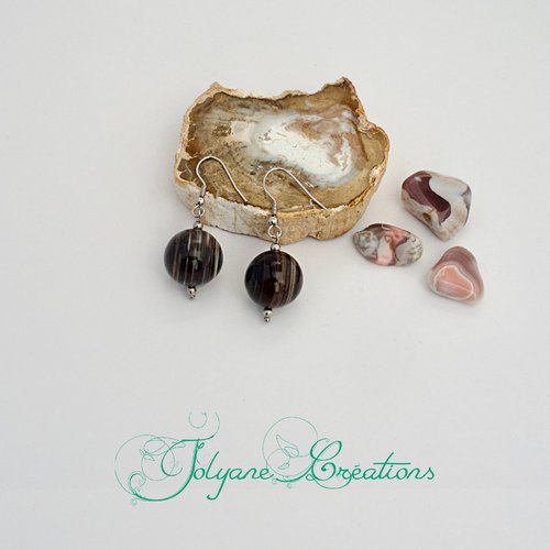 Boucles d'oreilles pendantes en pierre naturelle agate de botswana et acier inox