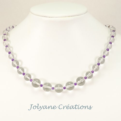 Collier en pierres de gemmes naturelles cristal de roche et améthyste (sur commande)