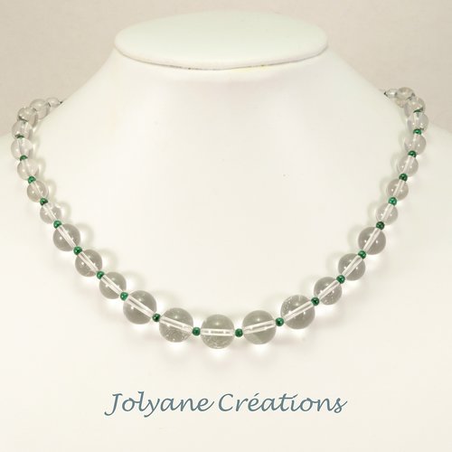 Collier en pierres de gemmes  naturelles cristal de roche et malachite (adopté)