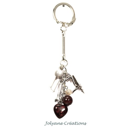 Porte-clés bijou de sac en pierres gemmes naturelles jaspe poppy et agate de botswana (adopté)