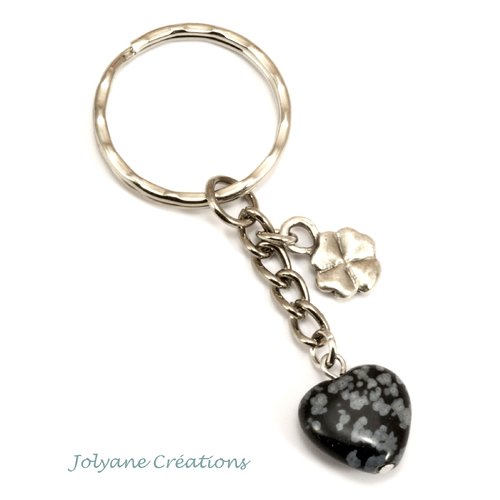 Porte-clé bijou de sac perle cœur en obsidienne flocon de neige et breloque trèfle à quatre feuilles