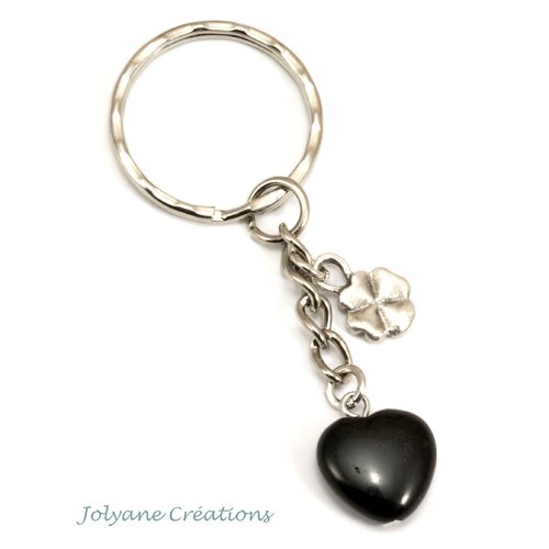 Porte-clé bijou de sac perle cœur en onyx noir et breloque trèfle à quatre feuilles