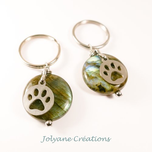 Porte clés en labradorite et breloque en forme de coussinet de patte en acier inox pour votre animal de compagnie / bijou de sac