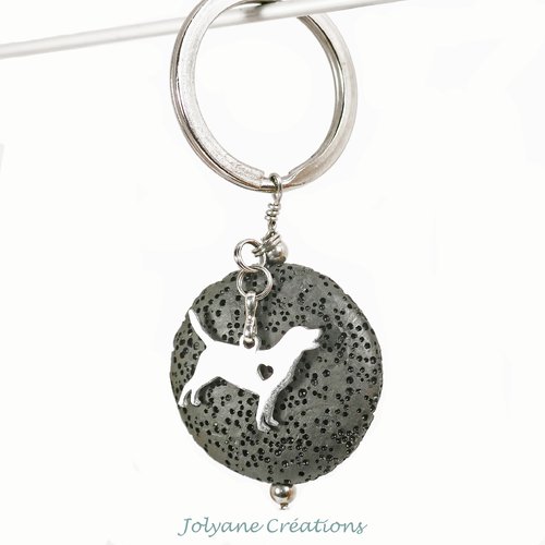 Porte clés en pierre de lave et petite breloque chien en acier inox pour votre animal de compagnie ou bijou de sac