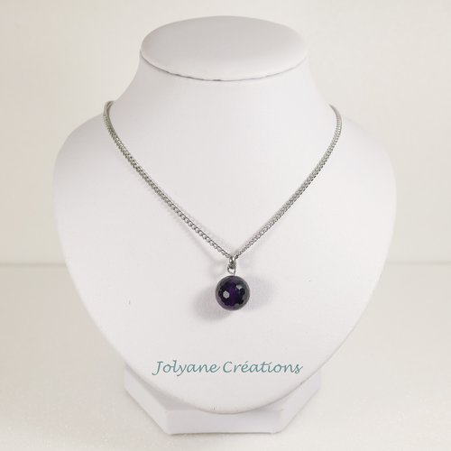 Collier pendentif améthyste une perle facettée et chaîne en acier inox