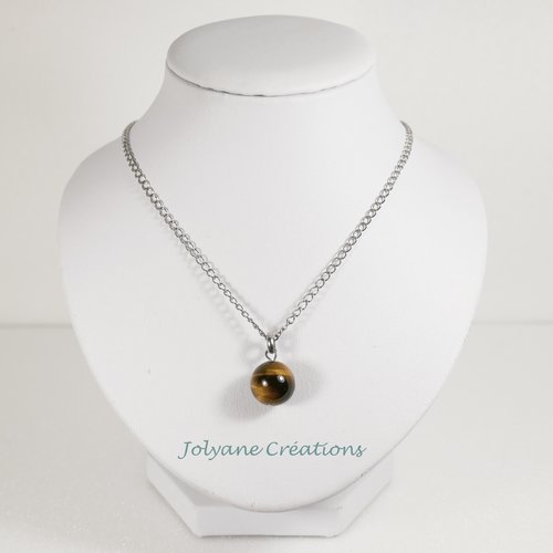 Collier pendentif mi-long une perle en œil de tigre