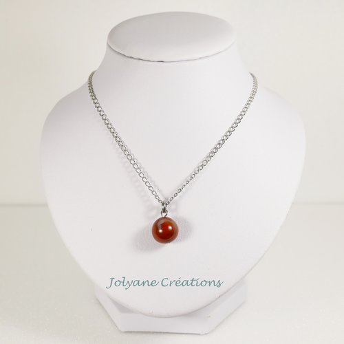 Collier pendentif mi-long une perle en jaspe rouge (adopté, peut être réalisé sur commande par message)