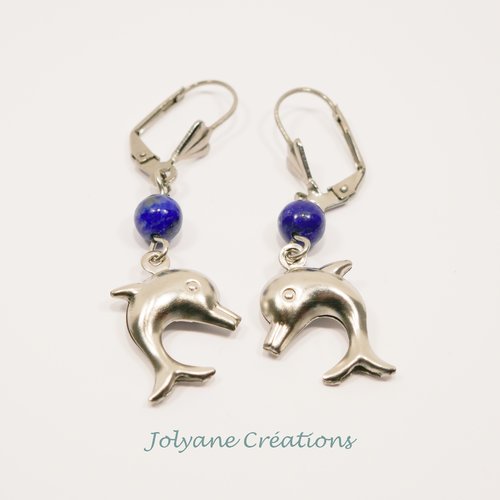 Boucles d'oreilles dormeuses enfant pendantes, avec dauphins 3d en acier inox et perles en lapis-lazuli