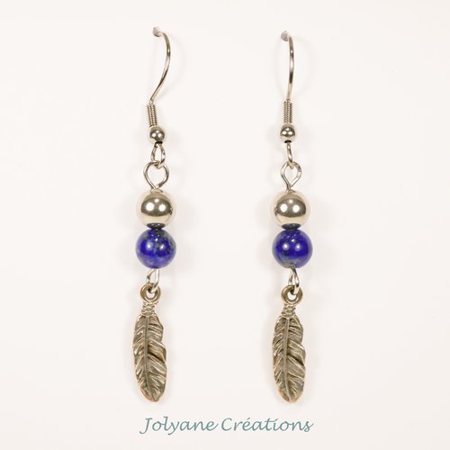 Boucles d'oreilles pendantes lapis-lazuli et plume en métal argenté