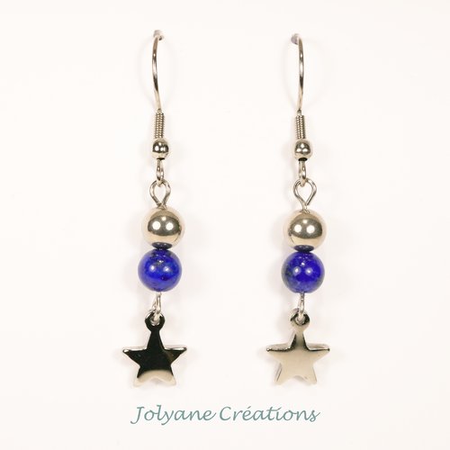 Boucles d'oreilles pendantes lapis-lazuli et étoile en acier inox