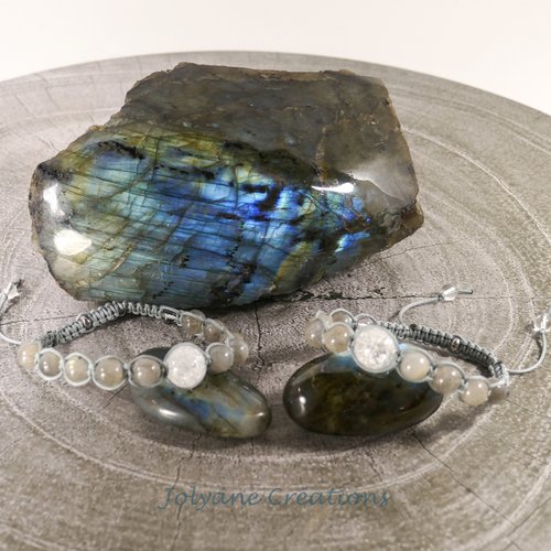 Bracelet shamballa macramé tibétain avec perles en labradorite et cristal de roche : « miroir aurora »