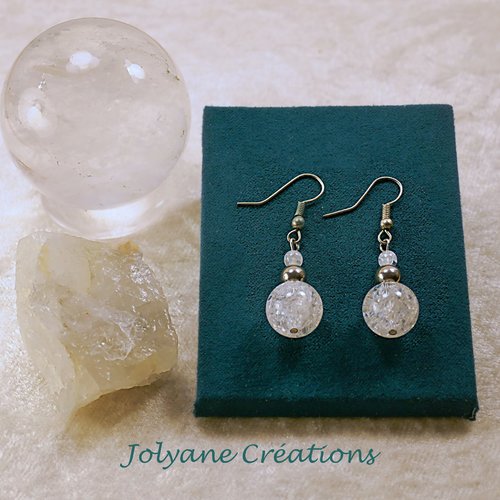 Boucles d'oreilles pendantes en pierre naturelle cristal de roche craquelé et acier inox